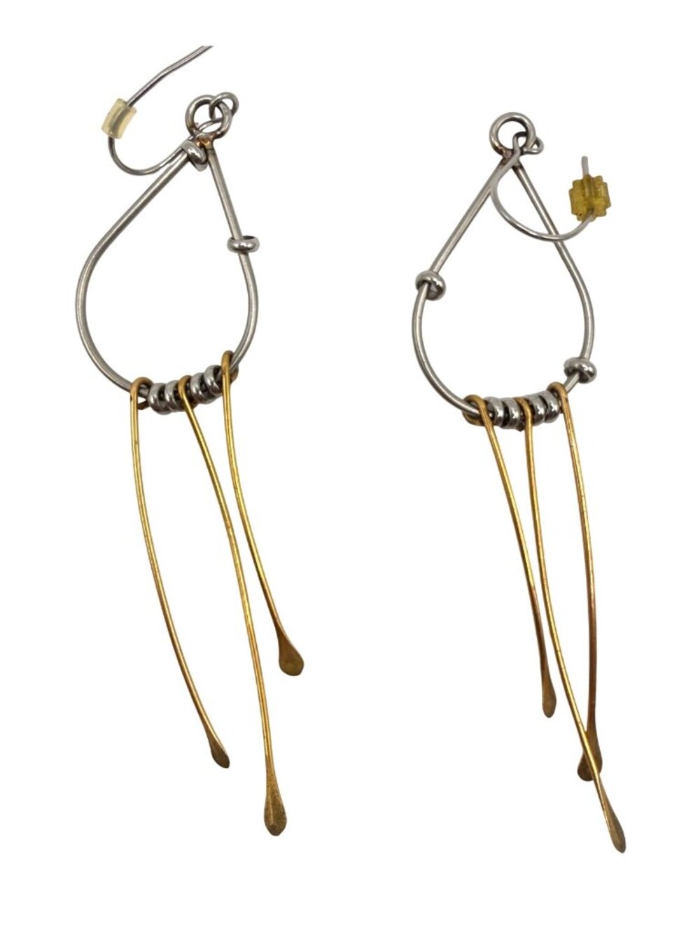 Metal Dangle Earrings With Mixed Silver & Gold Details 3 Inch Drop Length Modern